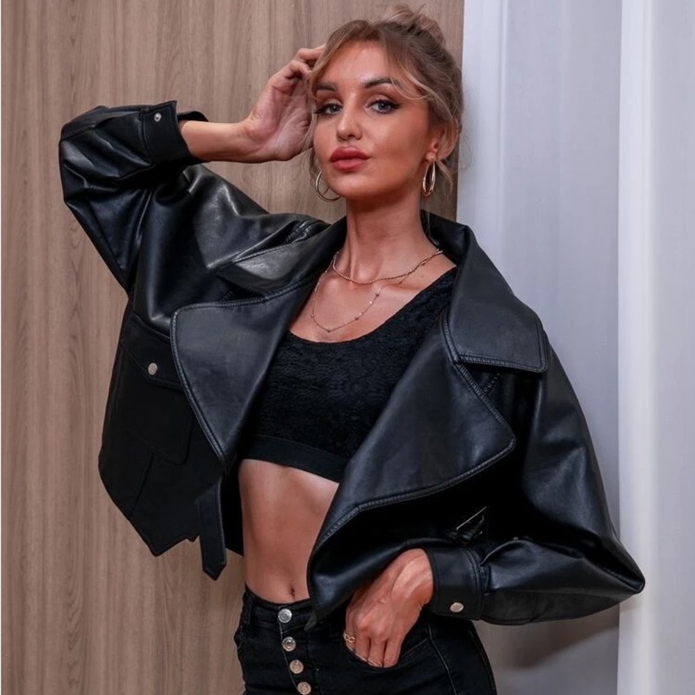 Shein Flap Pocket Oversized Cropped Vegan Leather Jacket - Picture 3 of 5